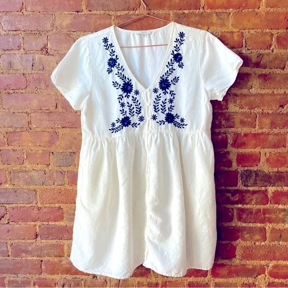 Madewell Embroidered Linen-Blend Alexandra Button-Front Mini Dress - Picture 3 of 12